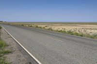 an empty roadway with a road sign on the side of the road near the grass and a clear blue sky