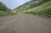 a long dirt road with grass and trees behind it and mountains in the distance on a sunny day