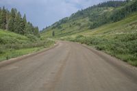 a long dirt road with grass and trees behind it and mountains in the distance on a sunny day