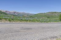 a motorcycle is parked on the street and a mountain range is in the background with flowers around