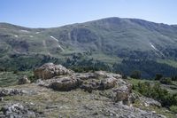 the rocks and green trees are next to the hill, on top of a mountain