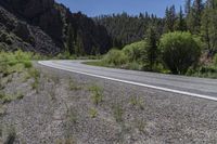 a motorcycle driving down a paved highway in front of a canyon side area with trees