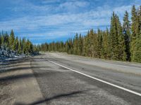 a long empty road with trees in the background on a bright sunny day at a mountaintop