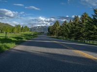 a empty road that goes through a grassy area with mountains in the background as well as trees