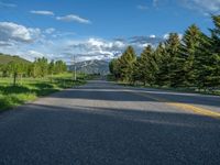 a empty road that goes through a grassy area with mountains in the background as well as trees