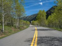 a yellow and black sign is on the street near some mountains and trees in the distance