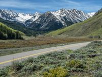 the road is paved with yellow markings and has a snowy mountain range in the background