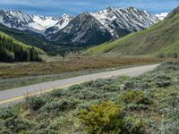 the road is paved with yellow markings and has a snowy mountain range in the background