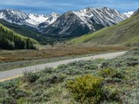 the road is paved with yellow markings and has a snowy mountain range in the background