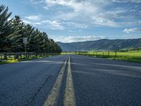 a empty road that goes through a grassy area with mountains in the background as well as trees