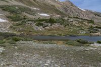 a lake and a mountain, with green vegetation on the side of it with snow covered mountains