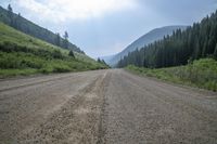 a gravel road surrounded by forested hillsides near trees and a mountain range in the distance