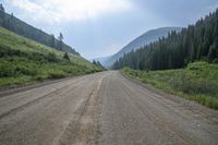 a gravel road surrounded by forested hillsides near trees and a mountain range in the distance