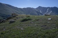 the view of mountain ranges with rocks and grass on a hillside by mountains with snow