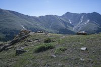 the view of mountain ranges with rocks and grass on a hillside by mountains with snow