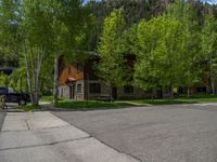 an empty street lined with trees and a mountain range in the distance in the back