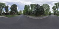 a wide angle photograph of an empty street next to a row of trees, with cars and a fire hydrant on the street