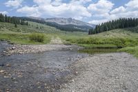 a stream winds through some grassy hills with a forest in the background and mountains behind