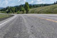 an empty road on a grassy hill surrounded by trees and mountains is seen in this picture