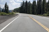 the empty road is flanked by tall trees on the side of the mountain line the road has two yellow lines and two white lines