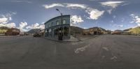 a fish eye view of an old fashioned street and buildings from a 360 - spherical view