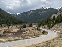 a mountain side with a road running next to the mountains, a bike parked in front of it and trees on one side