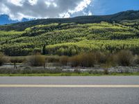 the road is paved with yellow markings and has a snowy mountain range in the background