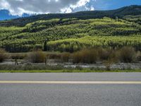 the road is paved with yellow markings and has a snowy mountain range in the background