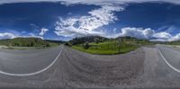 a street with some green hills and a sky in the background while in two pictures one shows an open road, the other has hills