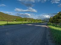 a empty road that goes through a grassy area with mountains in the background as well as trees