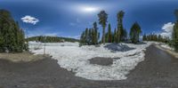 the view looking into the distance of a snow covered area with trees and dirt near a road