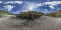 a photograph of a road taken from the bottom down the road on a fish eye lens