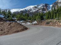 the curved road is near an evergreen mountain side area with rocks and trees in winter