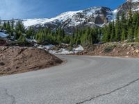 the curved road is near an evergreen mountain side area with rocks and trees in winter