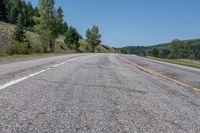 an empty open highway with the woods in the background and blue skies above it is yellow lines