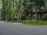 an empty street lined with trees and a mountain range in the distance in the back