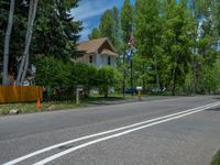 an empty street lined with trees and a mountain range in the distance in the back