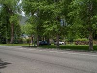 a road and trees line a residential street in a residential area in a neighborhood with no parking