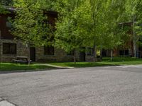 an empty street lined with trees and a mountain range in the distance in the back