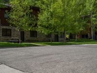 an empty street lined with trees and a mountain range in the distance in the back