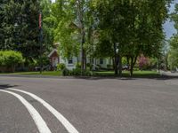 an empty street lined with trees and a mountain range in the distance in the back