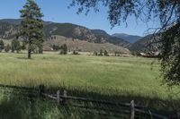 a field that is near the fence of a farm in a rural country setting with mountains behind it