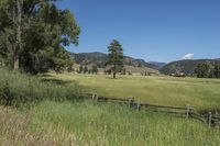 a field that is near the fence of a farm in a rural country setting with mountains behind it