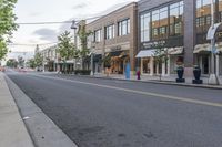 an empty city street and street sign in the distance is a tree with a potted flower in it