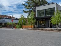 street corner with tree on the corner of the corner and a building behind it that is surrounded by multiple windows and a perforated brown lattice