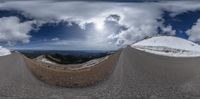 multiple photos of a road and a sky with clouds above them, taken through a fish eye lens