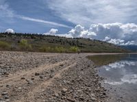 a lake with rocks on the shore and mountains in the background along side it and snow capped hills