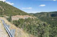 scenic area with steep mountains and pine trees, in the background are rolling hills and valleys