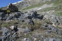 person with a backpack standing on top of a mountain slope covered in rocks and green grass