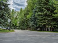 an empty street lined with trees and a mountain range in the distance in the back